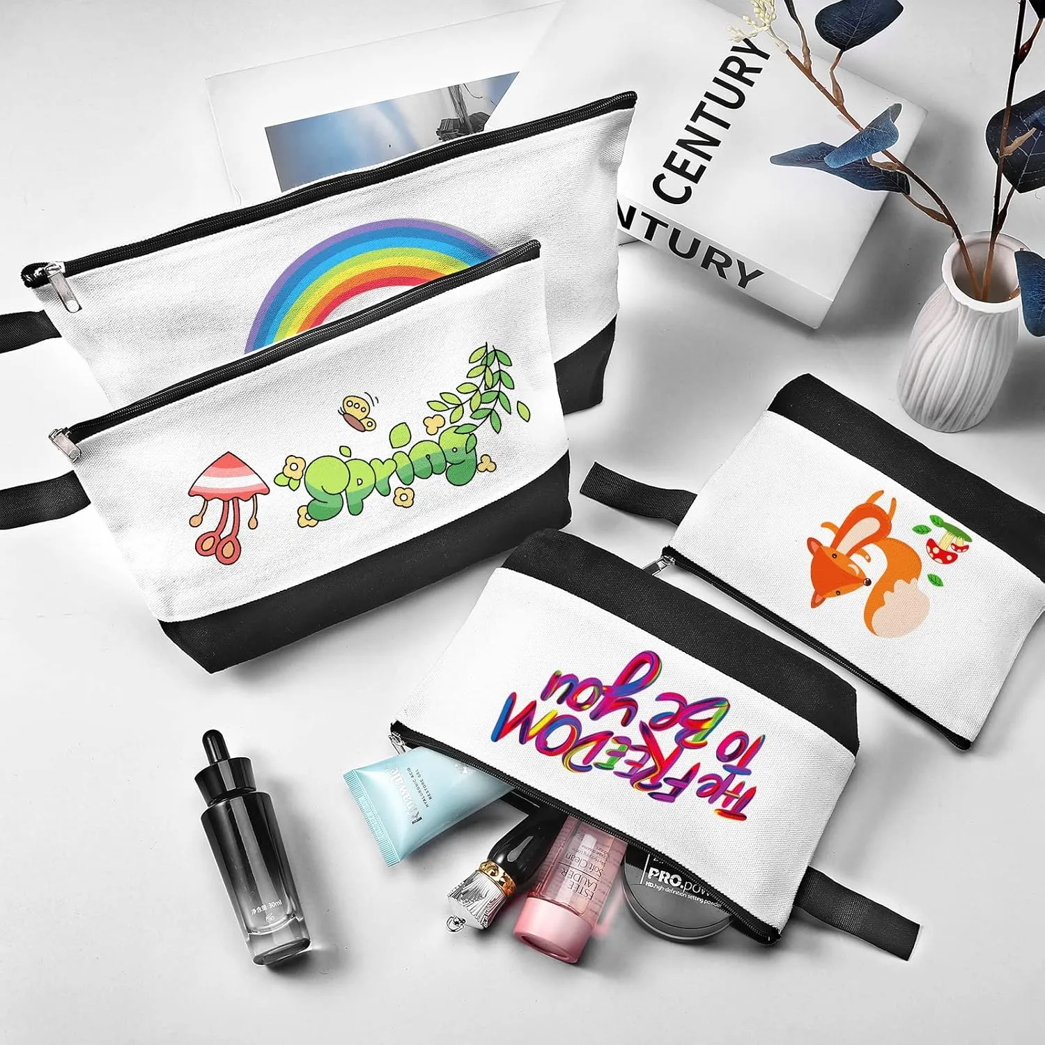 10 Pieces Cotton Canvas Makeup Bag with Bottom and Strap, Multi-Purpose Cosmetic Bag with Zipper Travel Toiletry Pouch, Blank DIY Craft Bag (White&Black, M)