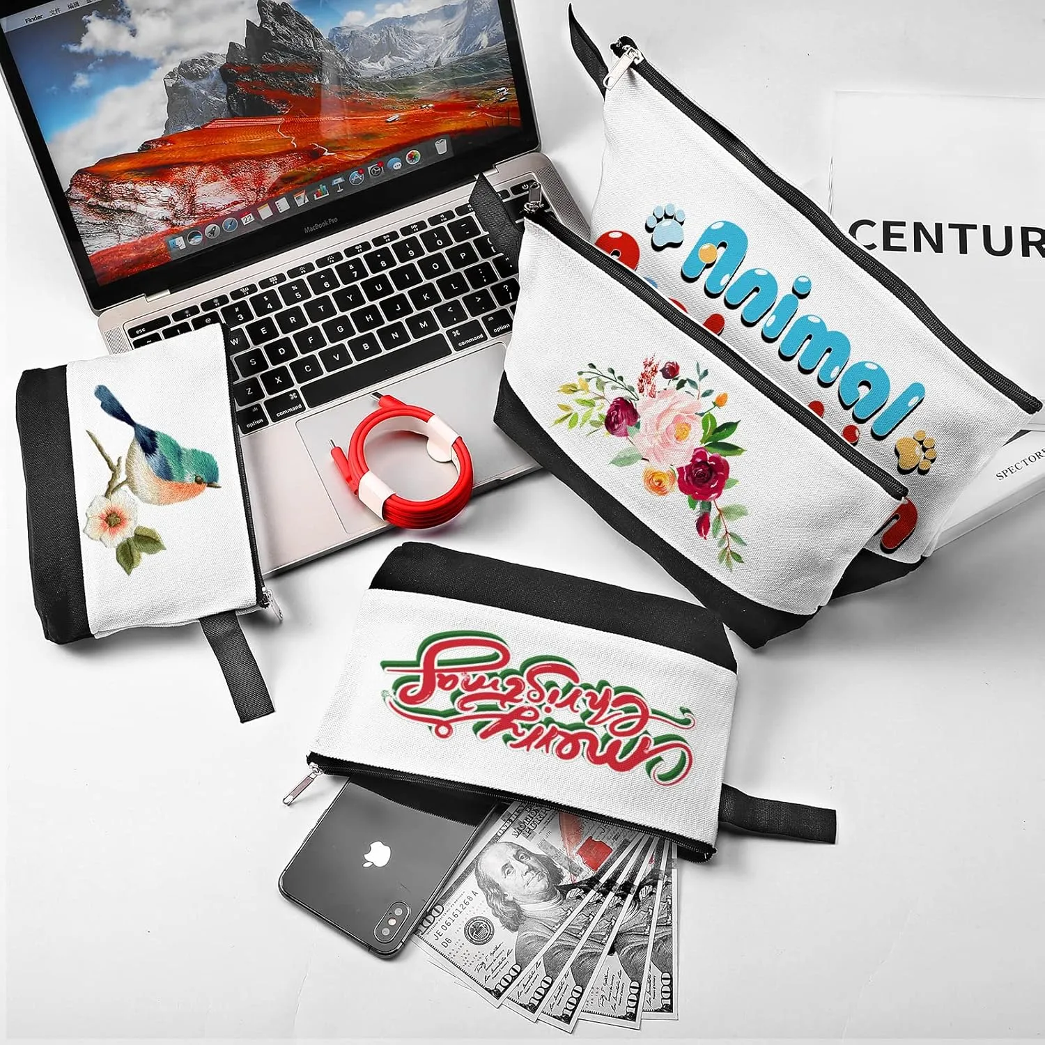 10 Pieces Cotton Canvas Makeup Bag with Bottom and Strap, Multi-Purpose Cosmetic Bag with Zipper Travel Toiletry Pouch, Blank DIY Craft Bag (White&Black, M)
