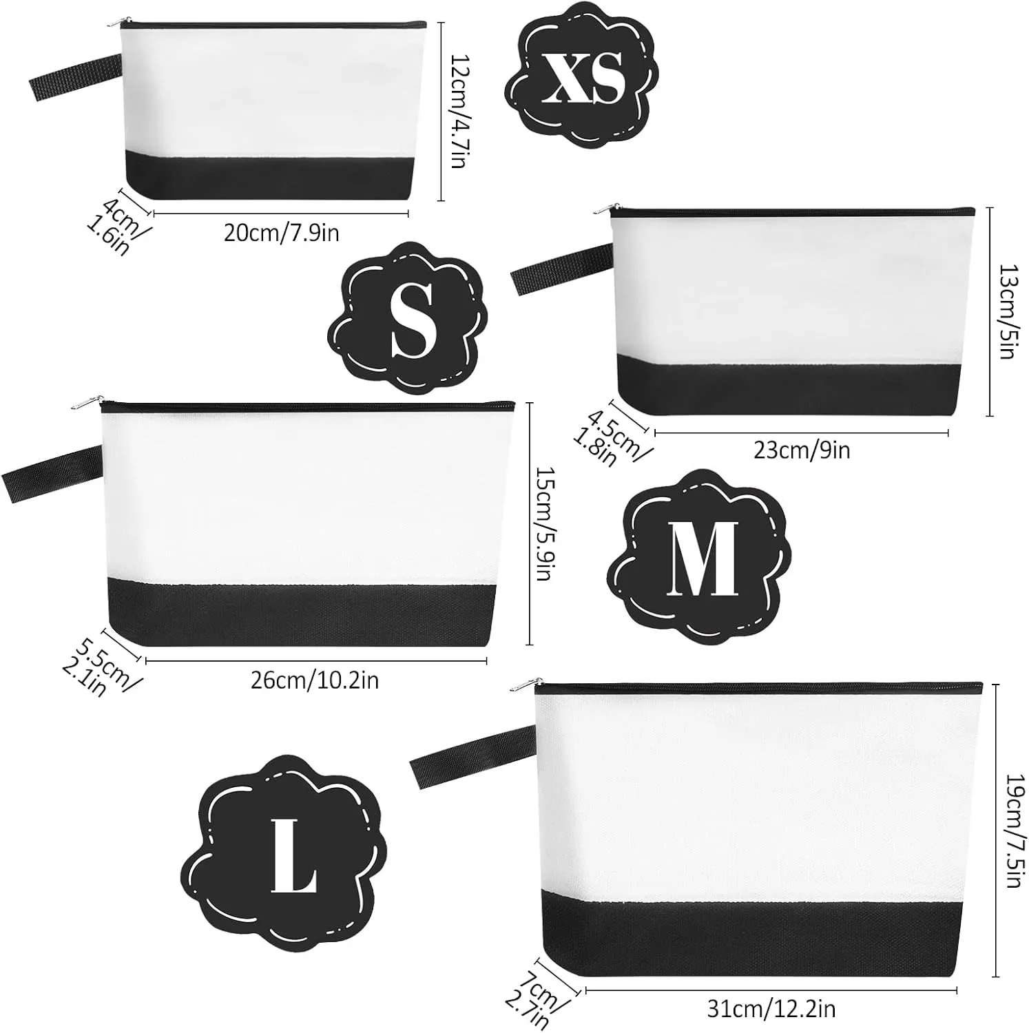 10 Pieces Cotton Canvas Makeup Bag with Bottom and Strap, Multi-Purpose Cosmetic Bag with Zipper Travel Toiletry Pouch, Blank DIY Craft Bag (White&Black, M)