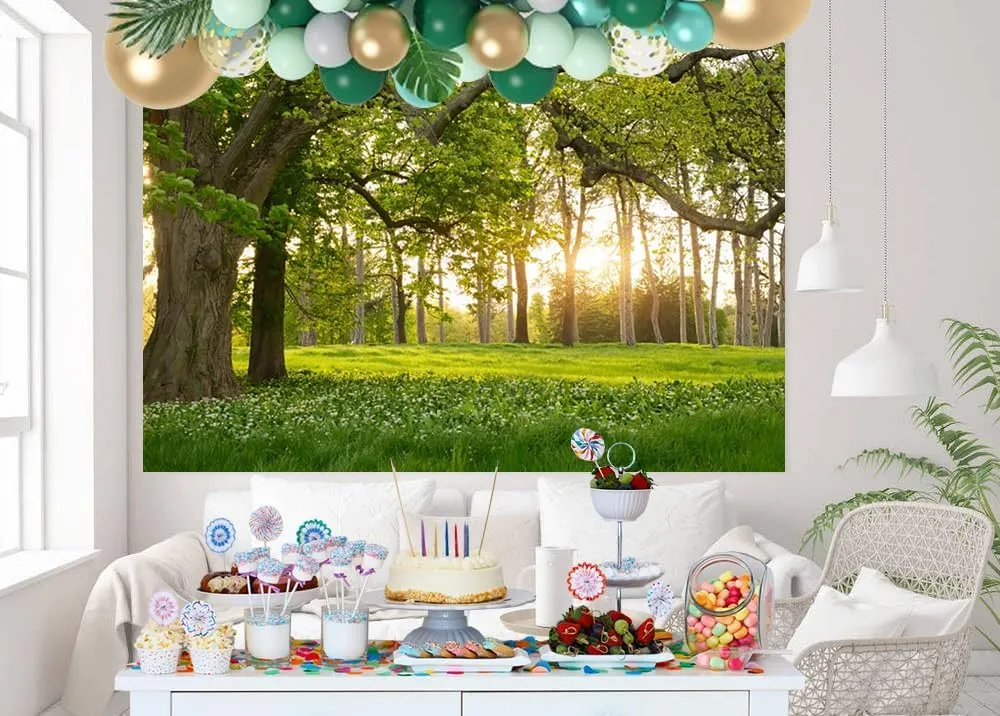 10x8ft Spring Backdrop Forest Green Trees Sunshine Nature Scenery Photography Background Spring Camping Picnic Travel Portraits Room Decorations Wallpaper Banner Photo Studio Props