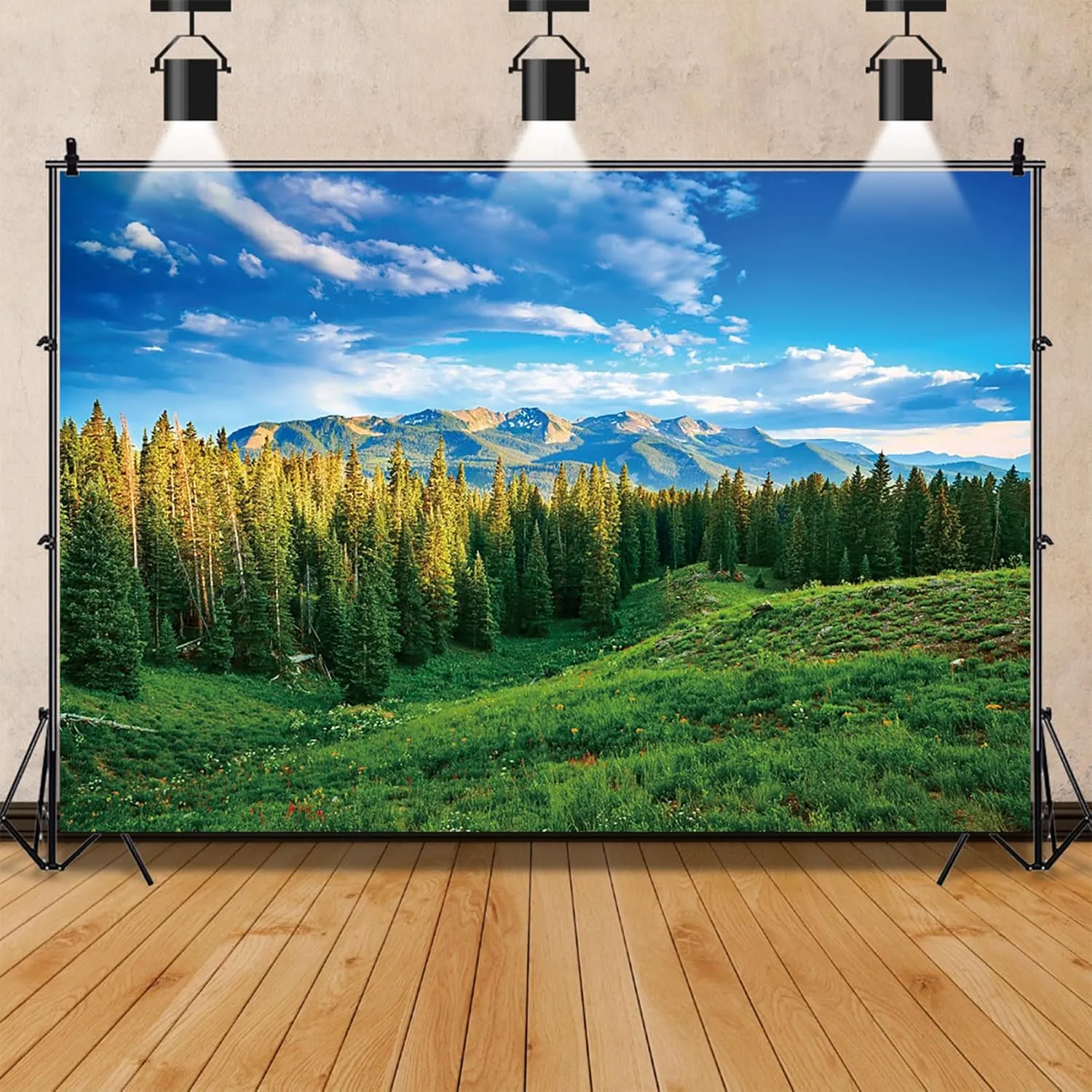 10x8ft Spring Landscape Backdrop Green Grassland Pine Trees Mountain Forest Background for Photography Nature Scenery Outdoor Hiking Camping Adventure Party Backdrop Banner Photo Studio Props