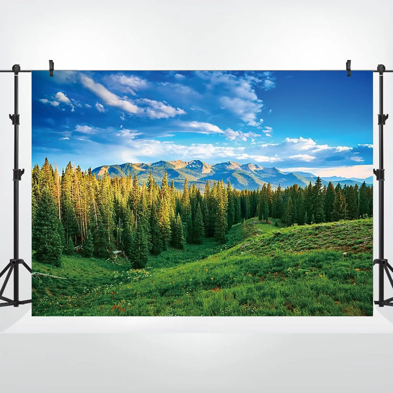 10x8ft Spring Landscape Backdrop Green Grassland Pine Trees Mountain Forest Background for Photography Nature Scenery Outdoor Hiking Camping Adventure Party Backdrop Banner Photo Studio Props