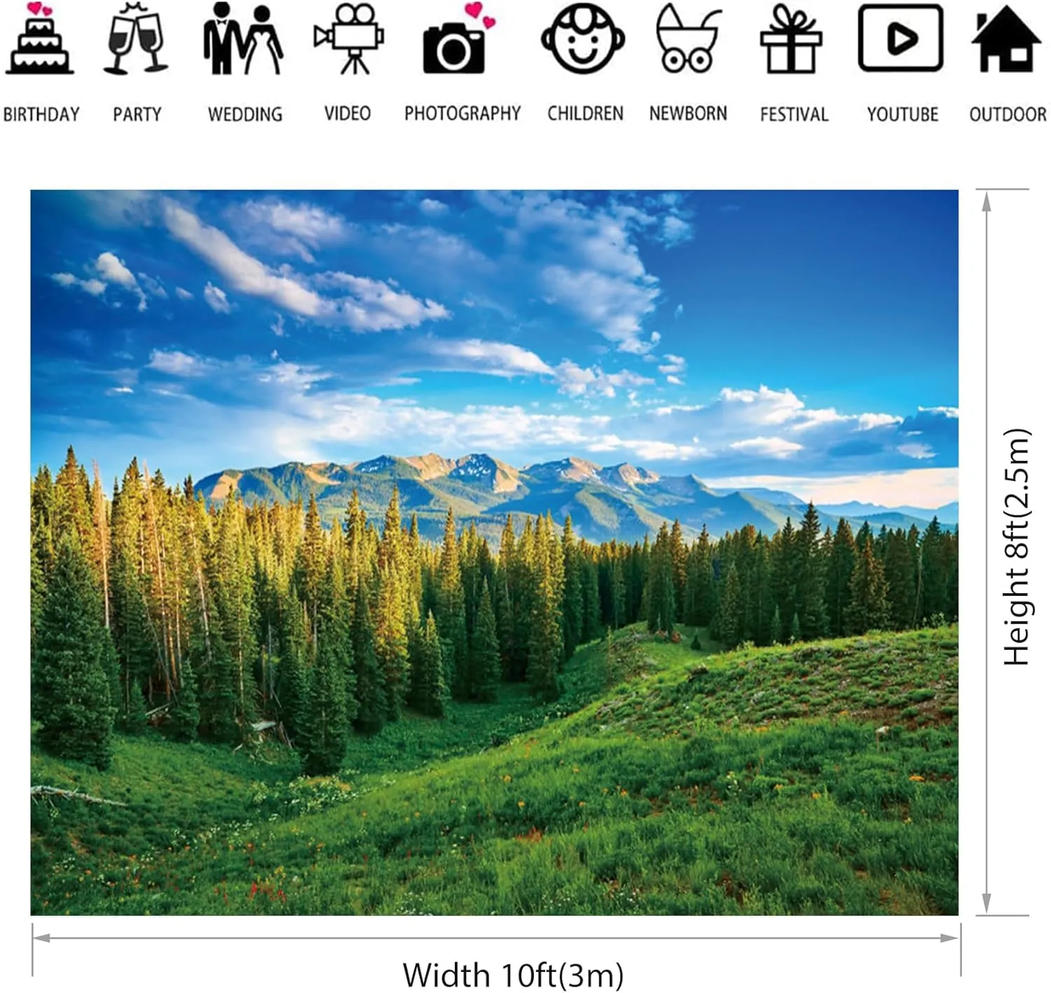 10x8ft Spring Landscape Backdrop Green Grassland Pine Trees Mountain Forest Background for Photography Nature Scenery Outdoor Hiking Camping Adventure Party Backdrop Banner Photo Studio Props