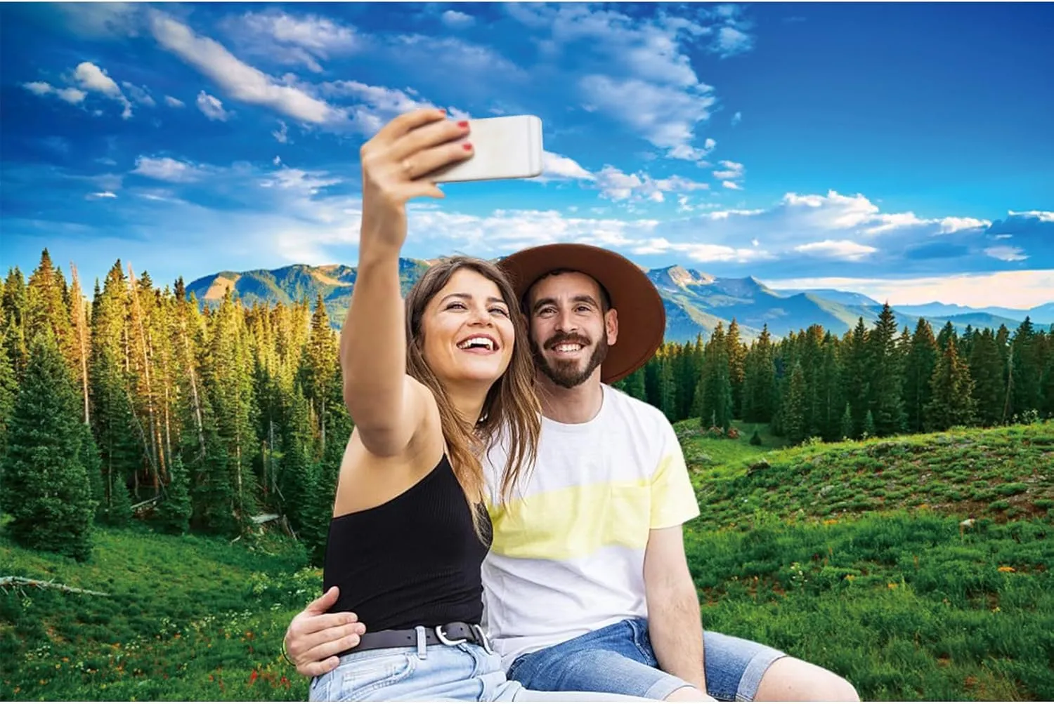 10x8ft Spring Landscape Backdrop Green Grassland Pine Trees Mountain Forest Background for Photography Nature Scenery Outdoor Hiking Camping Adventure Party Backdrop Banner Photo Studio Props