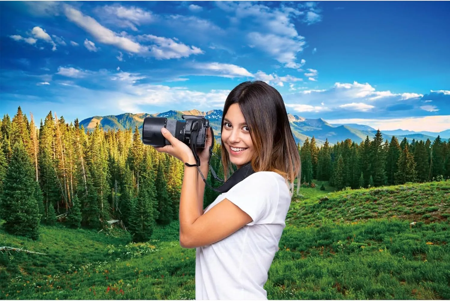10x8ft Spring Landscape Backdrop Green Grassland Pine Trees Mountain Forest Background for Photography Nature Scenery Outdoor Hiking Camping Adventure Party Backdrop Banner Photo Studio Props