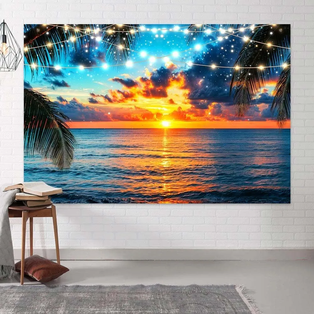 10X8FT Summer Seaside Beach Sunset Backdrops Tropical Palm Trees Photo Backdrop Photography Background Hawaiian Sea Blue Sky Luau Banner Studio Photo Booth Props Wedding Birthday Party Decor
