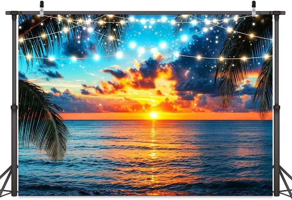 10X8FT Summer Seaside Beach Sunset Backdrops Tropical Palm Trees Photo Backdrop Photography Background Hawaiian Sea Blue Sky Luau Banner Studio Photo Booth Props Wedding Birthday Party Decor