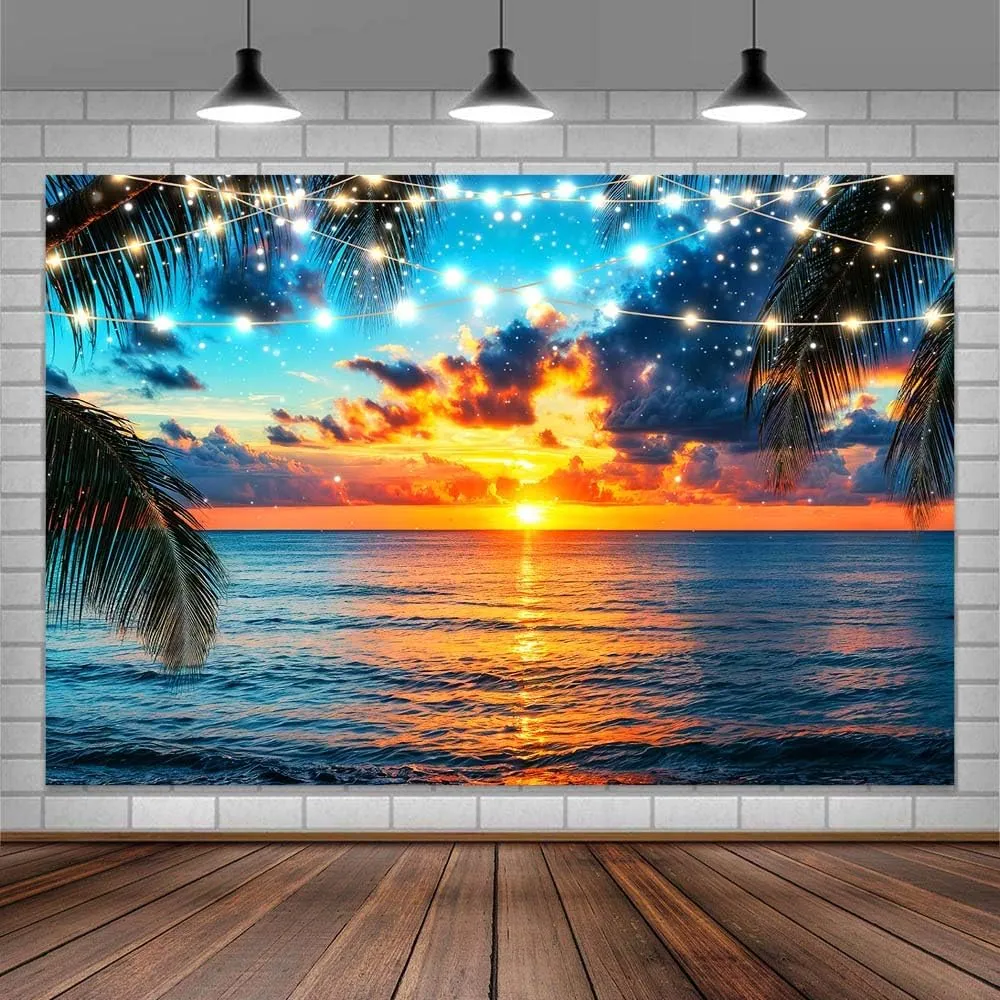 10X8FT Summer Seaside Beach Sunset Backdrops Tropical Palm Trees Photo Backdrop Photography Background Hawaiian Sea Blue Sky Luau Banner Studio Photo Booth Props Wedding Birthday Party Decor