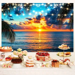 10X8FT Summer Seaside Beach Sunset Backdrops Tropical Palm Trees Photo Backdrop Photography Background Hawaiian Sea Blue Sky Luau Banner Studio Photo Booth Props Wedding Birthday Party Decor
