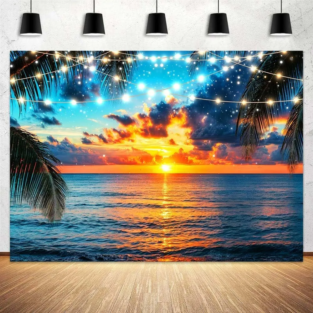 10X8FT Summer Seaside Beach Sunset Backdrops Tropical Palm Trees Photo Backdrop Photography Background Hawaiian Sea Blue Sky Luau Banner Studio Photo Booth Props Wedding Birthday Party Decor