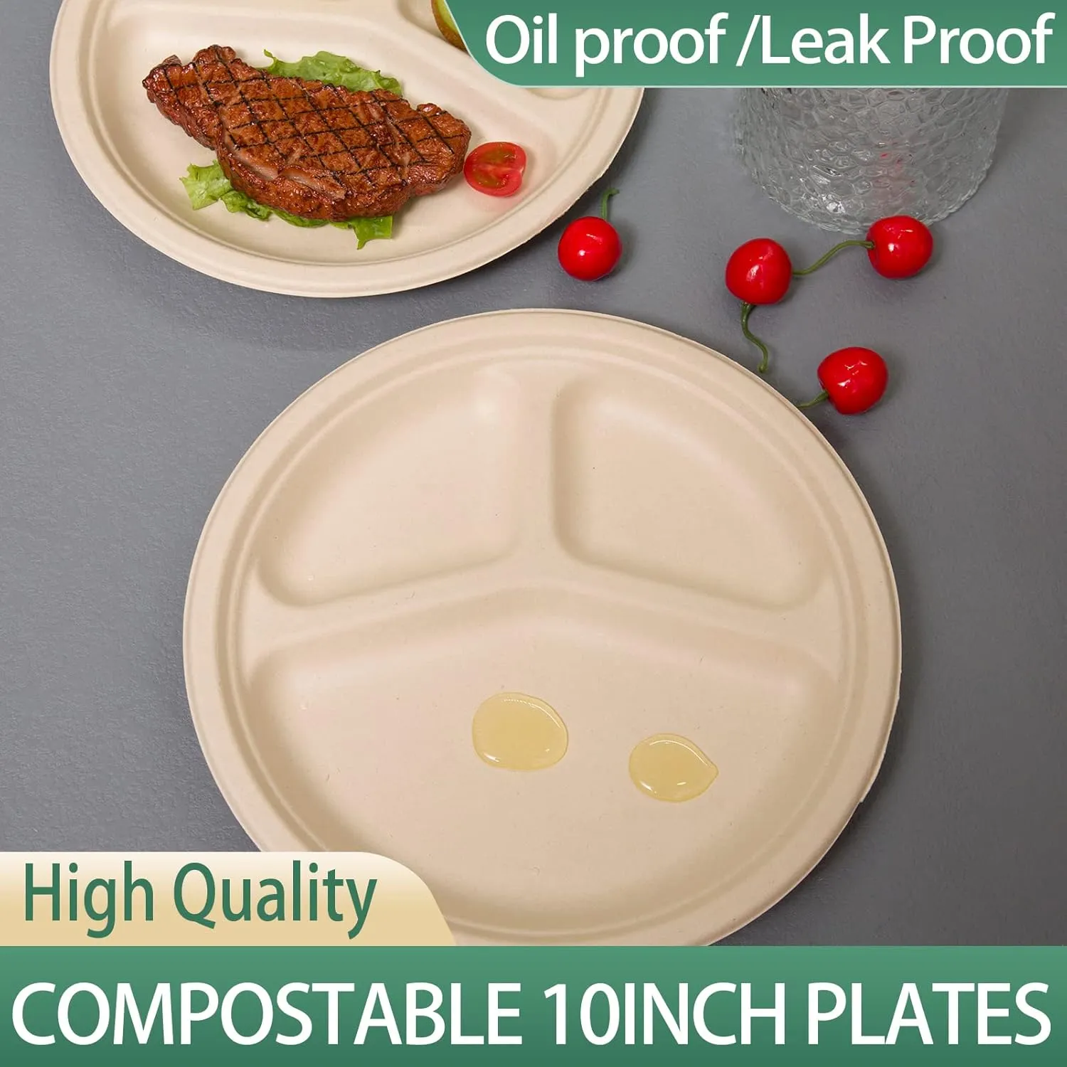 150pack 3 Compartment Paper Plates, 10inch Disposable Heavy Duty Eco Friendly Round Divided Compostable Sugarcane Bagasse Sectional Plates For Dinner