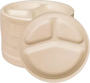 150pack 3 Compartment Paper Plates, 10inch Disposable Heavy Duty Eco Friendly Round Divided Compostable Sugarcane Bagasse Sectional Plates For Dinner