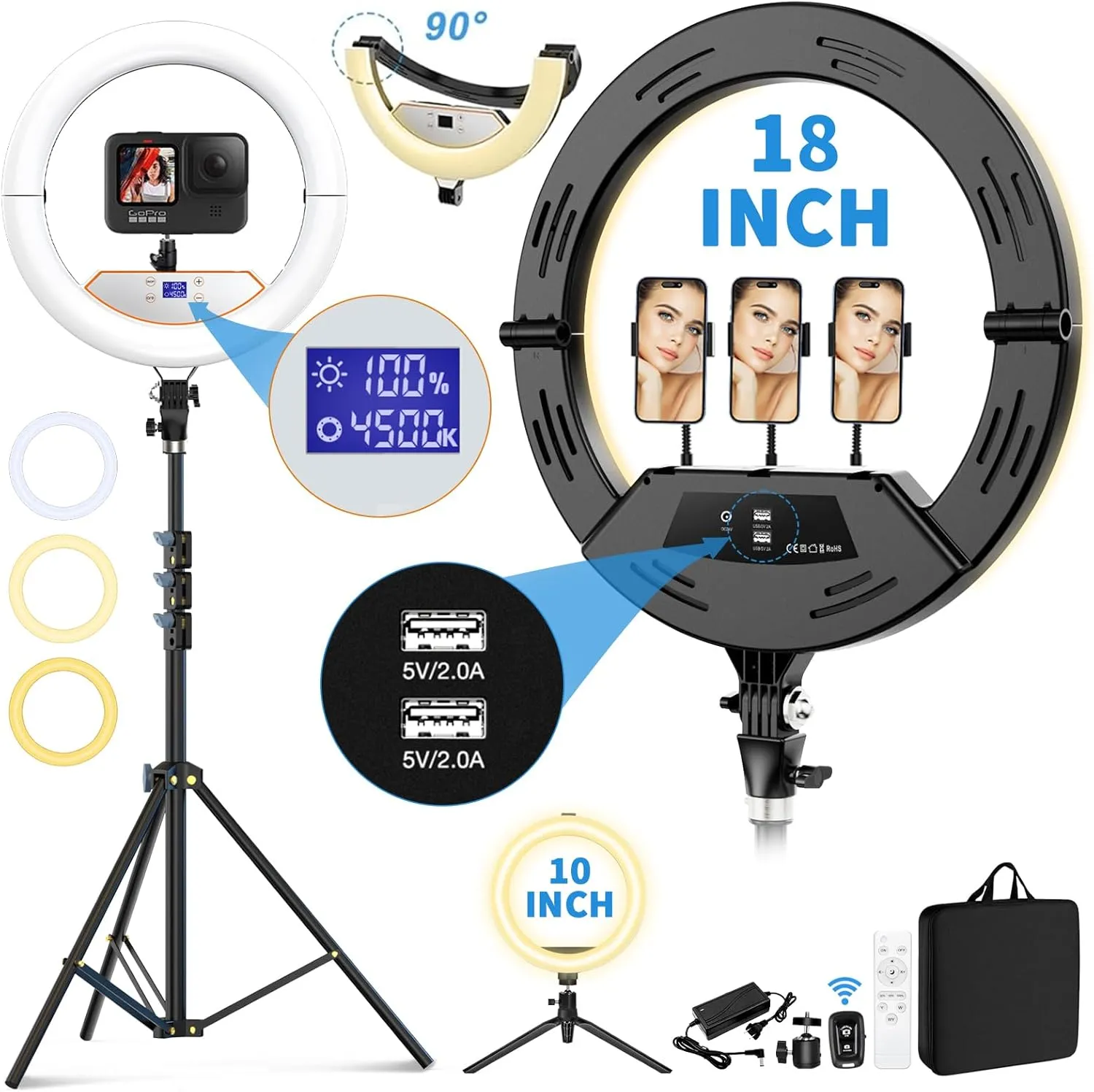 18 inch Ring Light wiht Stand 10 inch Light,Foldable Large Ring Light for ipad iPhone,LCD Display/4 Clips/2 USB Ports,2700-6500K with Tripod for Tattoo Lash Barber Makeup Photography Lighting