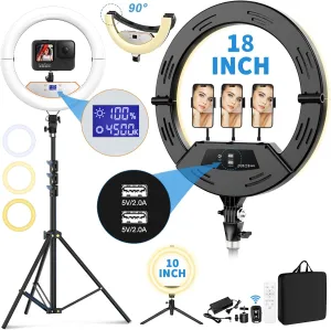 18 inch Ring Light wiht Stand 10 inch Light,Foldable Large Ring Light for ipad iPhone,LCD Display/4 Clips/2 USB Ports,2700-6500K with Tripod for Tattoo Lash Barber Makeup Photography Lighting