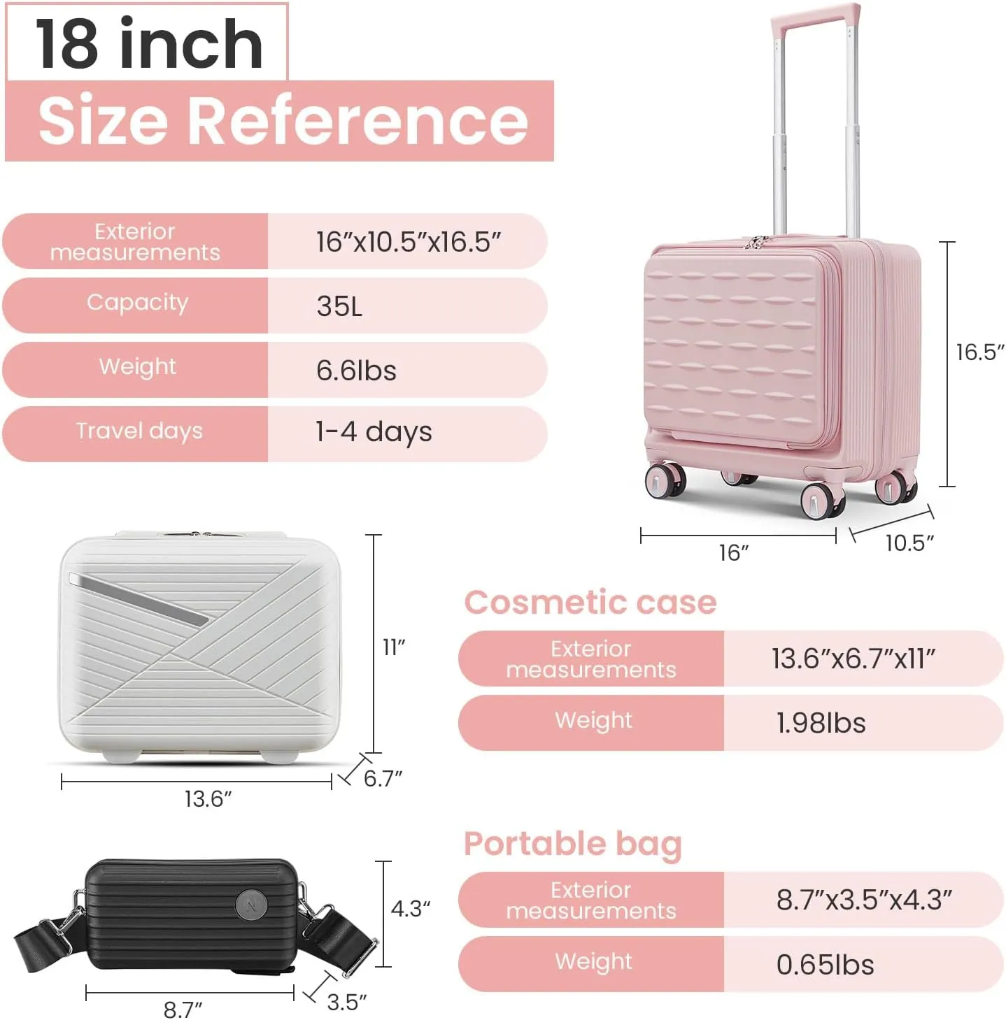 18" Carry On Luggage with Front Open Door &Laptop Interlayer, Hard Shell Suitcase with TSA Luggage Lock, Hardside Lightweight PC Travel Suitcase for Women Men with Spinner Wheels,Pink