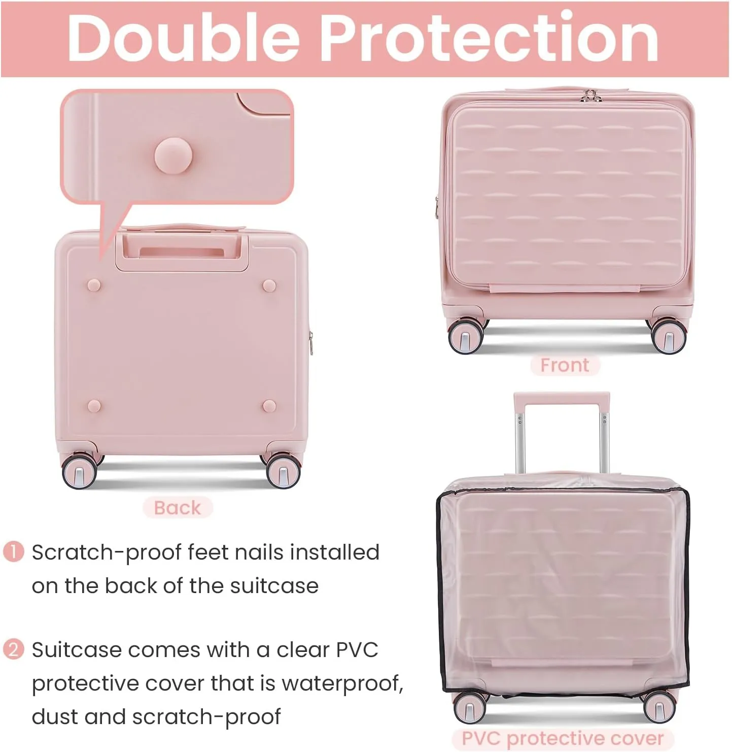 18" Carry On Luggage with Front Open Door &Laptop Interlayer, Hard Shell Suitcase with TSA Luggage Lock, Hardside Lightweight PC Travel Suitcase for Women Men with Spinner Wheels,Pink
