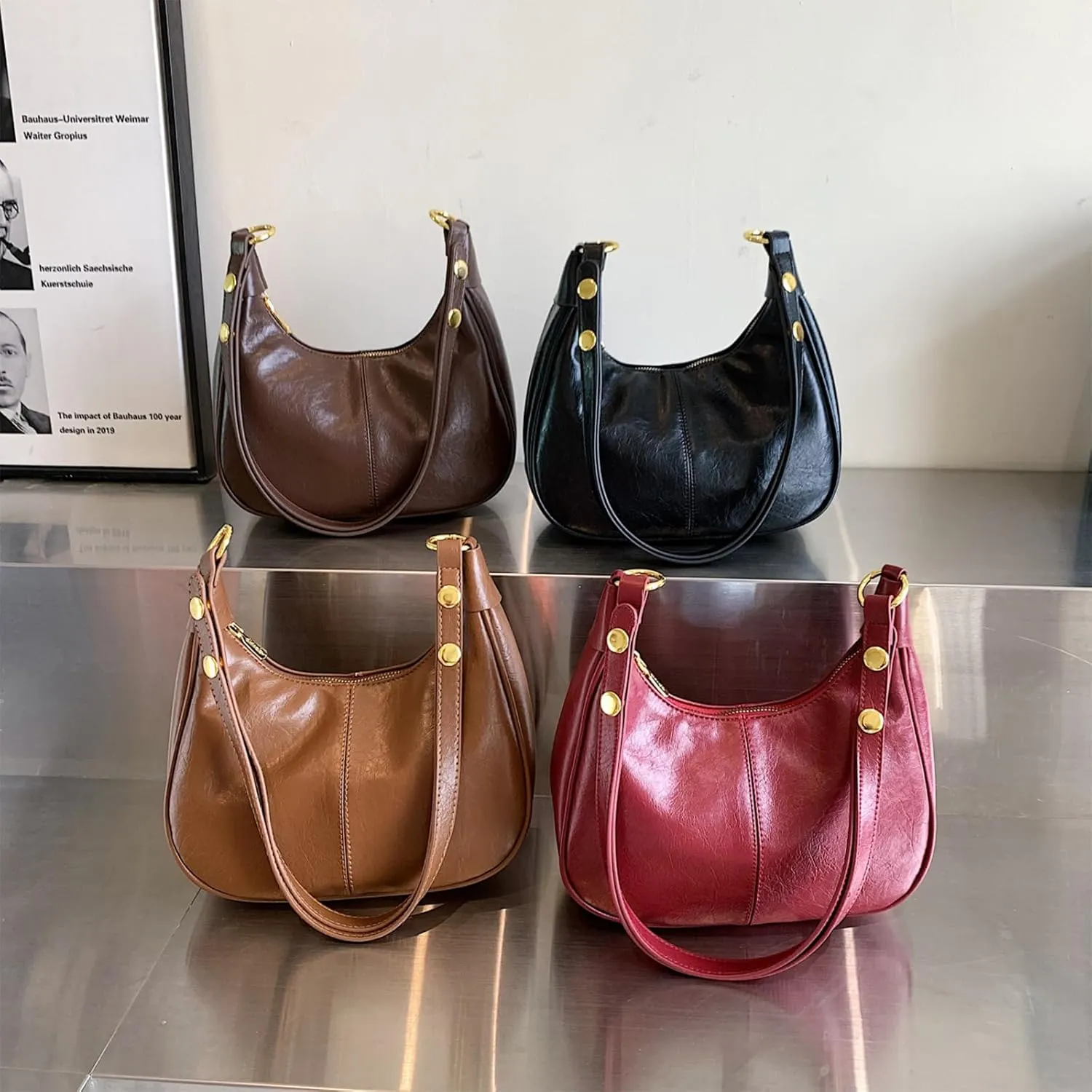 2024 Simple Solid Zipper Shoulder Purse Bag, Trendy PU Leather Crescent Bag, Crossbody Bag for Women, Versatile Underarm Bag