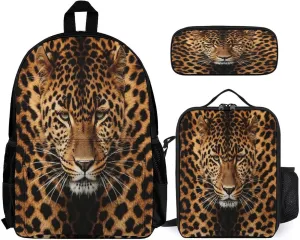 3 in 1 Backpack Set Depict A Leopard Print Casual Backpack Set Small Cosmetic Bag Travel Daypack Crossbody Lunch Bag Coin Purse Set