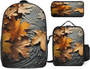3 in 1 Backpack Set Fall Leaves Print Casual Backpack Set Small Cosmetic Bag Travel Daypack Crossbody Lunch Bag Coin Purse Set
