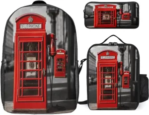 3 in 1 Backpack Set Retro Telephone Booth Print Casual Backpack Set Small Cosmetic Bag Travel Daypack Crossbody Lunch Bag Coin Purse Set