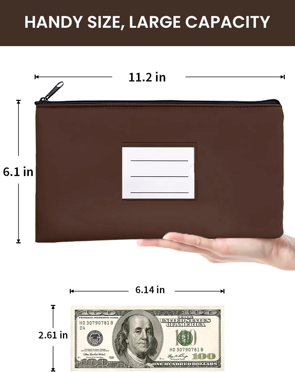 4-Pack Bank Deposit Money Bags with Zipper, PU Leather Cash Pouches with Label, 11.2 x 6.1 Inches, for Coins, Cosmetics, Bills, Tools, Brown
