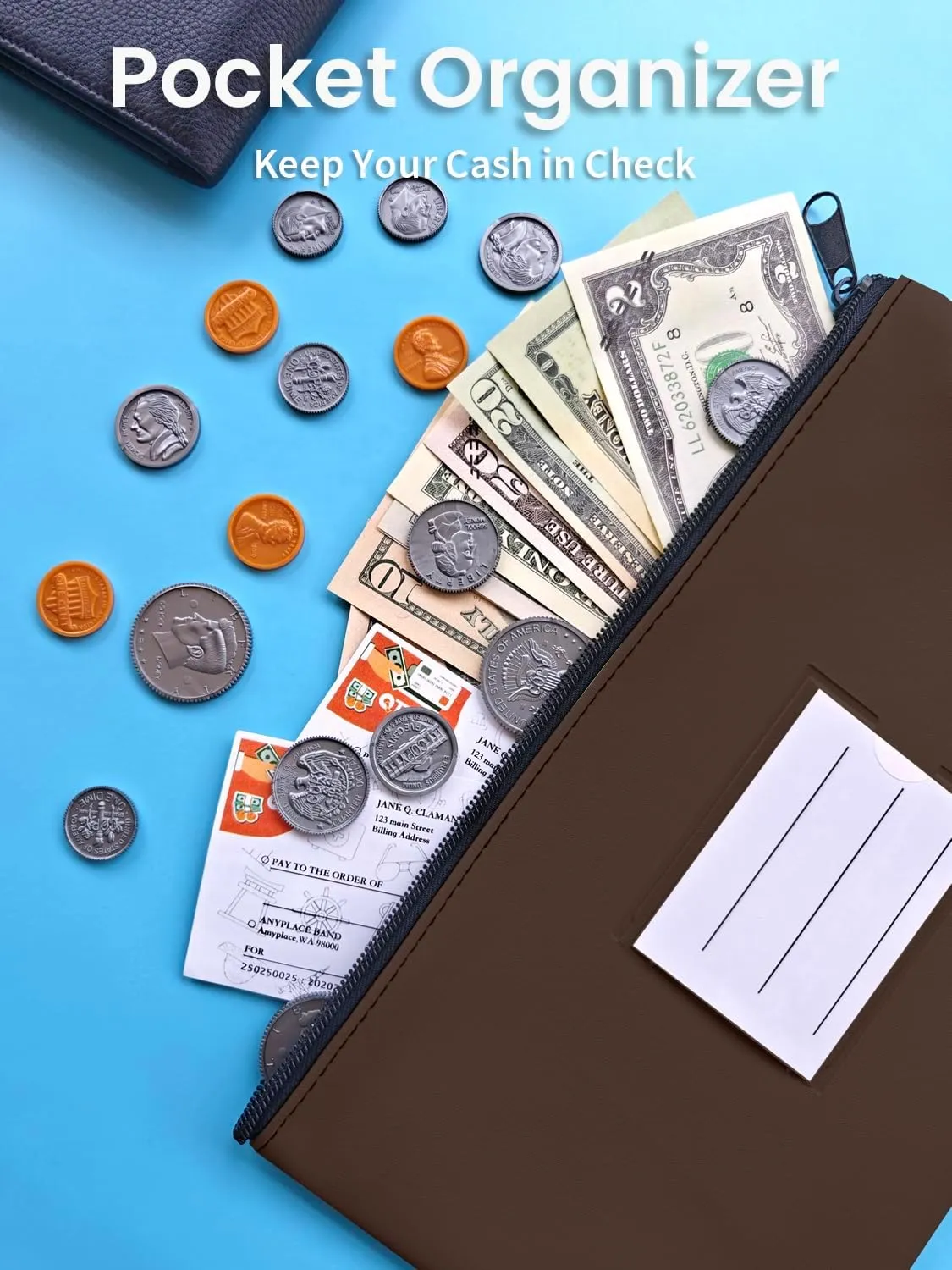 4-Pack Bank Deposit Money Bags with Zipper, PU Leather Cash Pouches with Label, 11.2 x 6.1 Inches, for Coins, Cosmetics, Bills, Tools, Brown