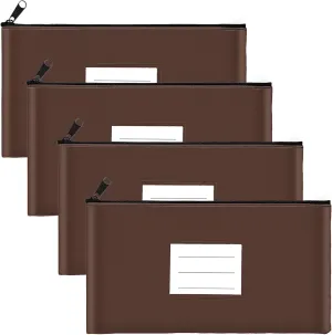 4-Pack Bank Deposit Money Bags with Zipper, PU Leather Cash Pouches with Label, 11.2 x 6.1 Inches, for Coins, Cosmetics, Bills, Tools, Brown