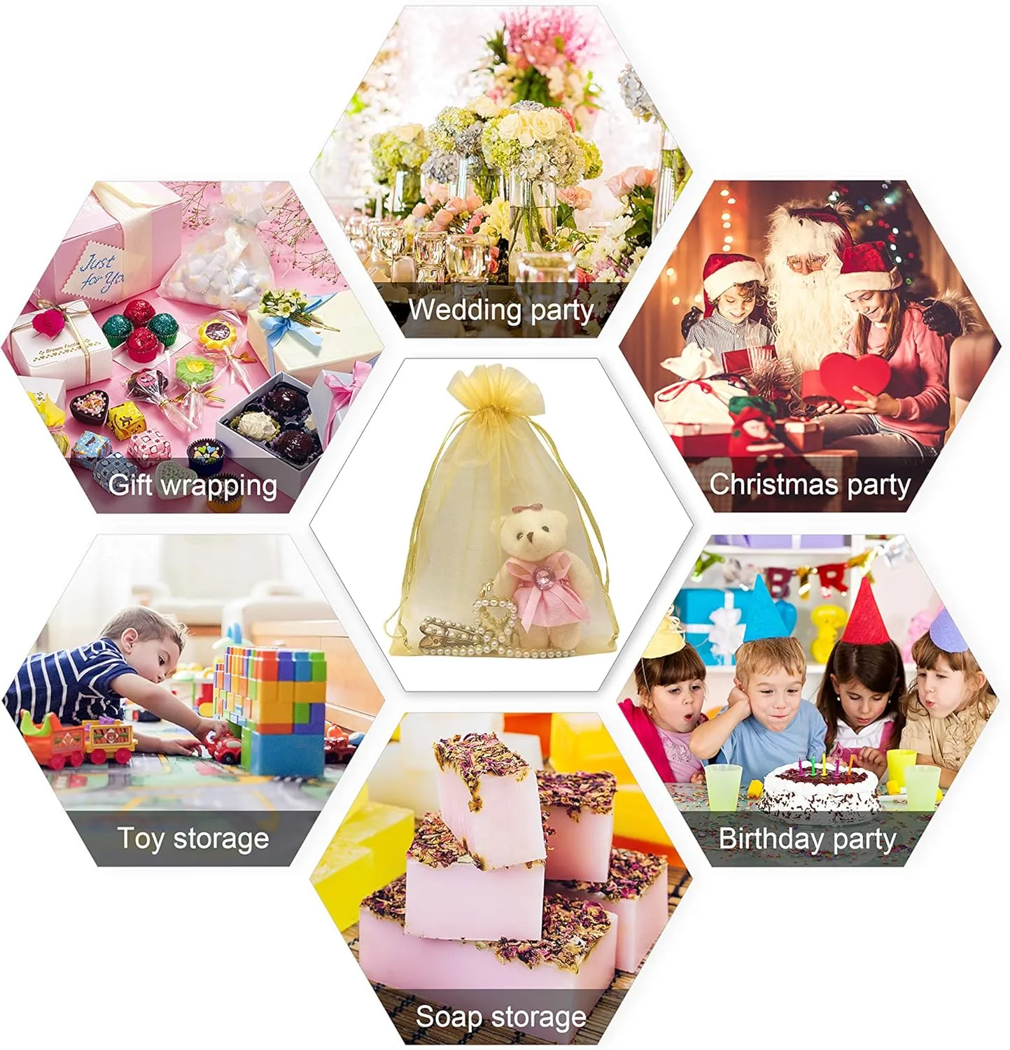 50pcs Large Organza Bags 8X12 Inch Gold Sheer Mesh Drawstring Gift Pouches for Christmas Wedding Party Favors (Gold)