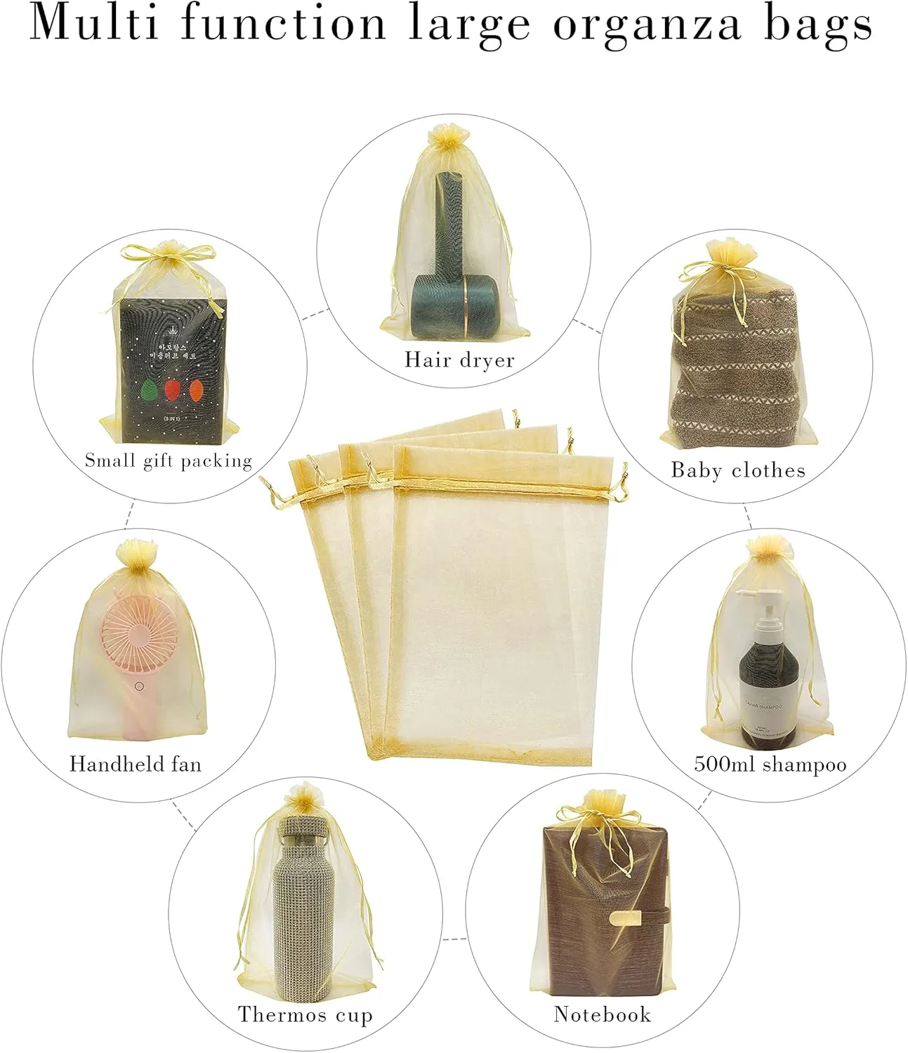 50pcs Large Organza Bags 8X12 Inch Gold Sheer Mesh Drawstring Gift Pouches for Christmas Wedding Party Favors (Gold)