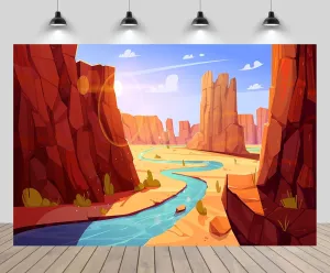 6x4ft Cartoon Grand Canyon National Park Backdrop Desert Landscape Cactus River Pathway Natural Background Hiking Camp Kids Birthday Party Decoration Artistic Portraits Photo Props
