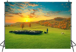 7x5FT Herd Animals grazing Plateau Sunset Autumn Photography Backdrop Background Cloth Portrait Photo Booth Studio Prop Banner Photographers Home Office Decor Supplies