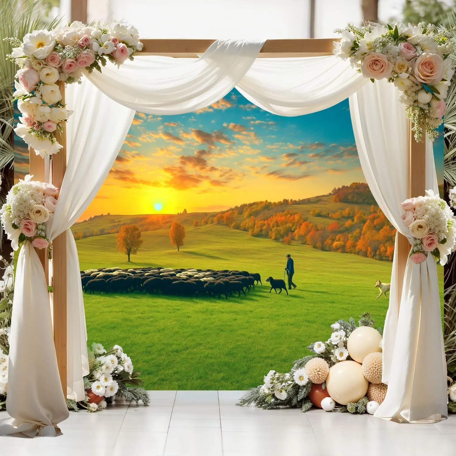 7x5FT Herd Animals grazing Plateau Sunset Autumn Photography Backdrop Background Cloth Portrait Photo Booth Studio Prop Banner Photographers Home Office Decor Supplies