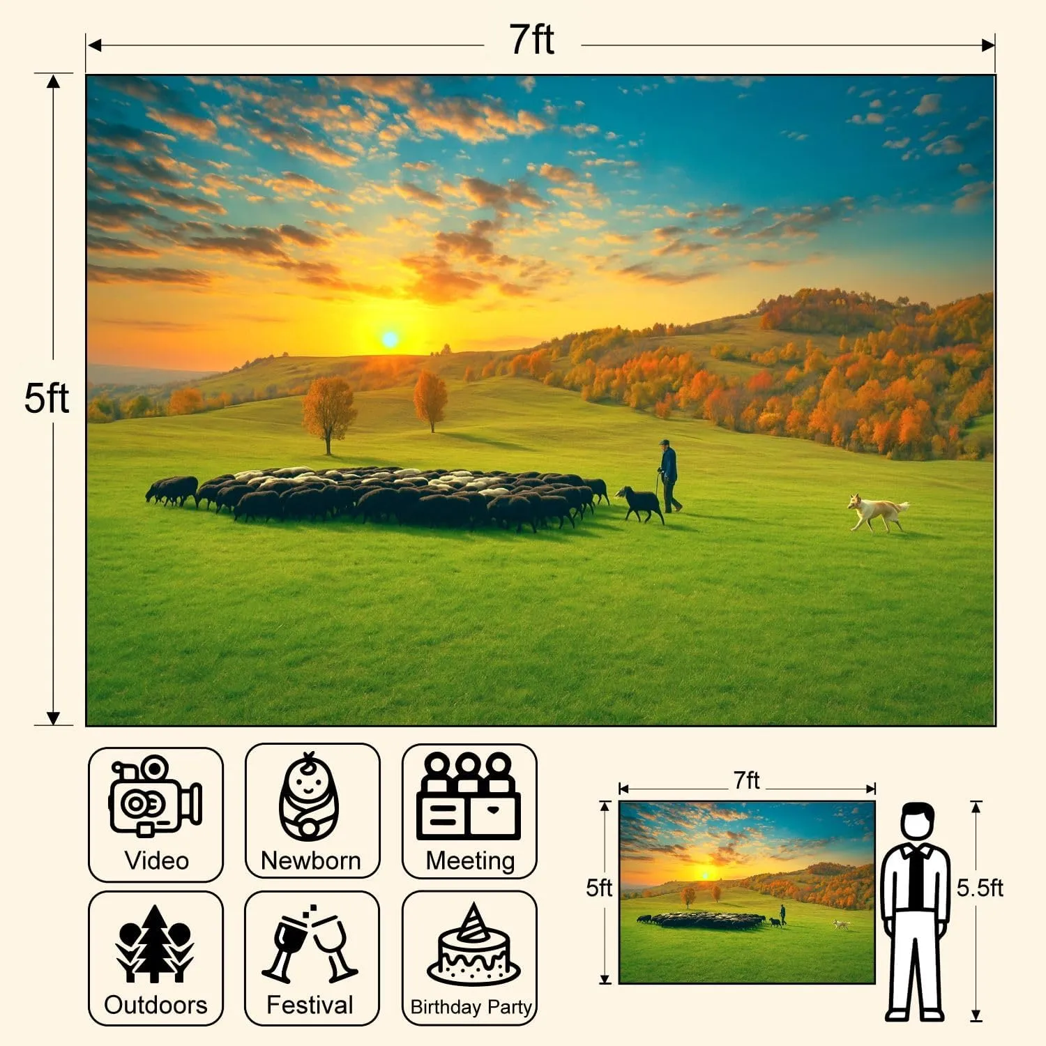 7x5FT Herd Animals grazing Plateau Sunset Autumn Photography Backdrop Background Cloth Portrait Photo Booth Studio Prop Banner Photographers Home Office Decor Supplies