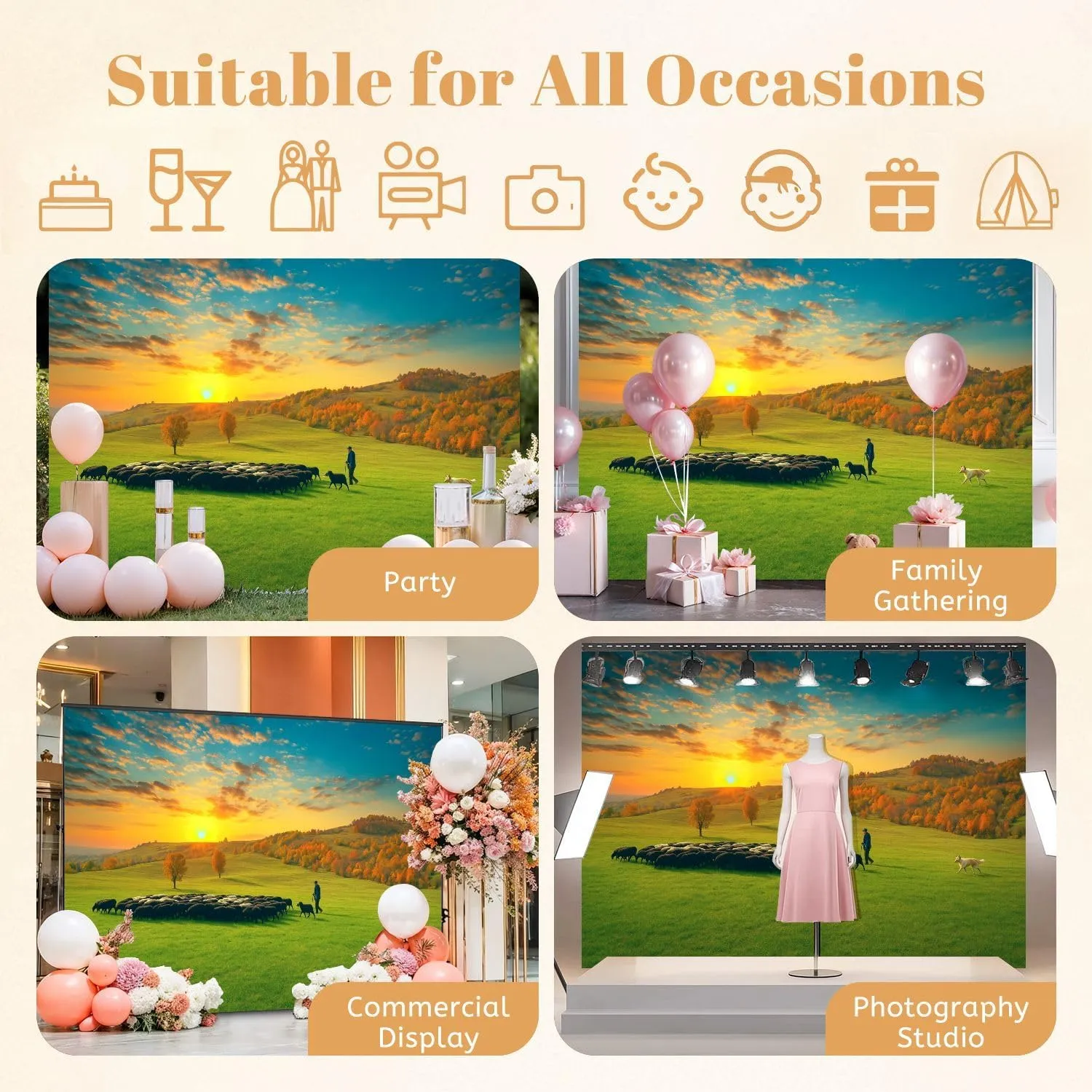 7x5FT Herd Animals grazing Plateau Sunset Autumn Photography Backdrop Background Cloth Portrait Photo Booth Studio Prop Banner Photographers Home Office Decor Supplies