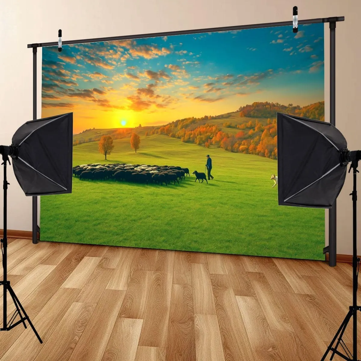 7x5FT Herd Animals grazing Plateau Sunset Autumn Photography Backdrop Background Cloth Portrait Photo Booth Studio Prop Banner Photographers Home Office Decor Supplies