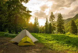 7x5ft Pine Forest Camping Backdrop for Photoshoot Sunrise Outdoor Travel Mountains Landscape Grassland Camp Tents Photography Backdrop Holiday Vacation Background Kids Birthday Photo Shoot Props