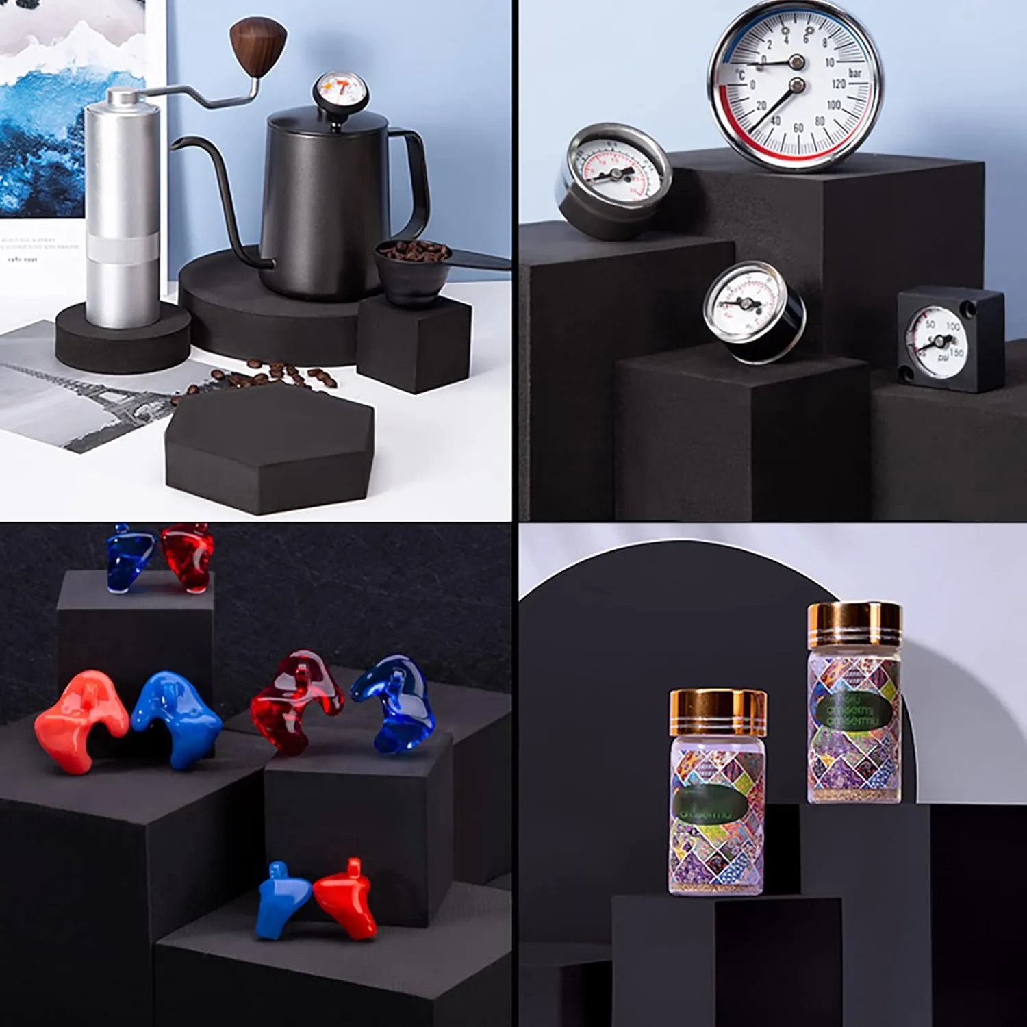8PCS Geometric Cube Photo Props Set, Hard Foam Photography Background Props for Goods, Crafts, Lipstick, Jewelry, Cosmetics, Makeup Tools, Food (Black)