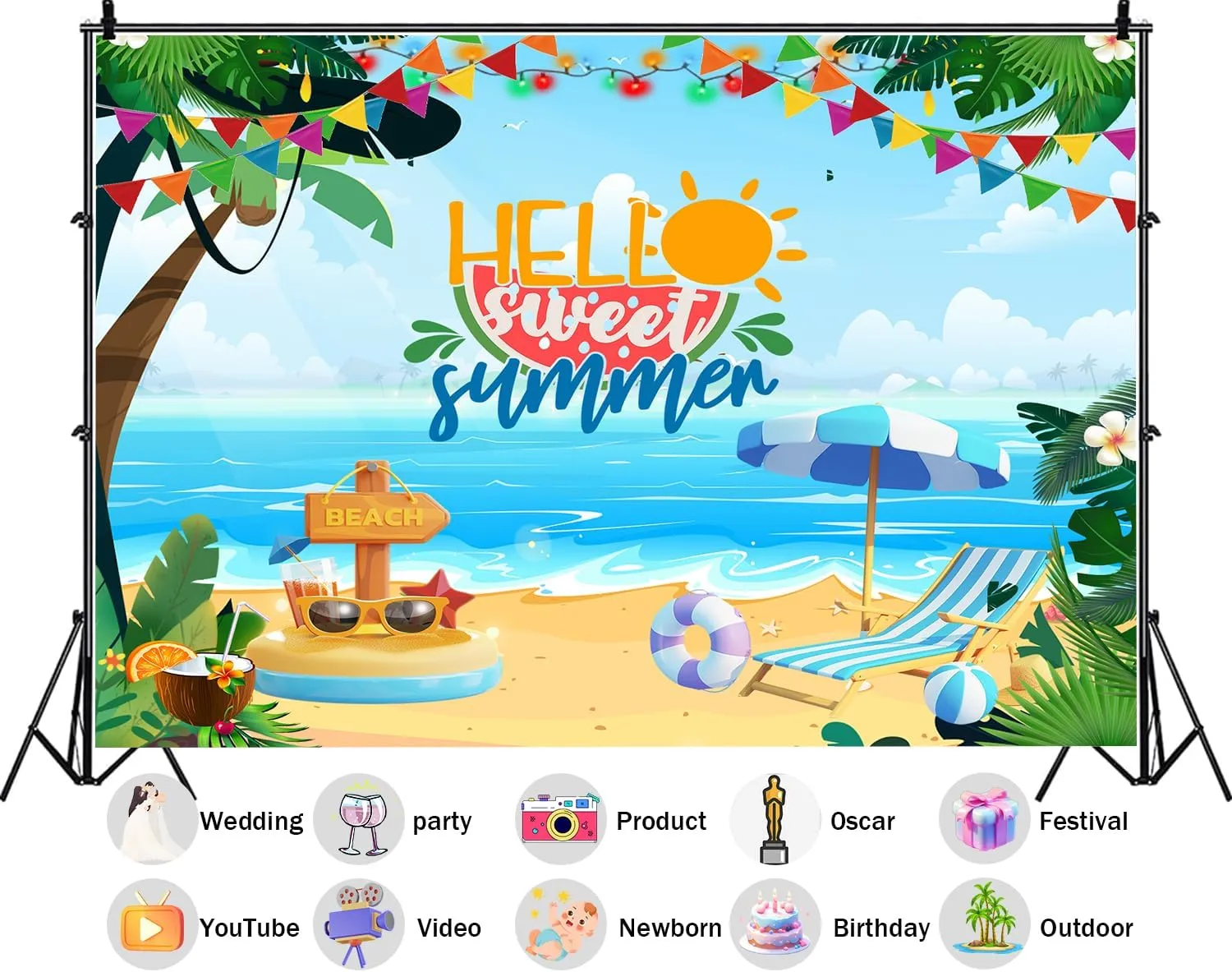 9X6ft Hello Summer Cartoon Beach Backdrop Sea Surf Skateboarding Beach Celebration Party Hawaiian Background for Theme Party Supplies Studio Props