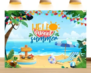 9X6ft Hello Summer Cartoon Beach Backdrop Sea Surf Skateboarding Beach Celebration Party Hawaiian Background for Theme Party Supplies Studio Props