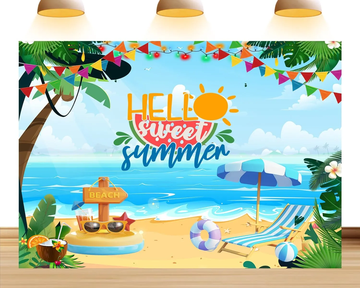 9X6ft Hello Summer Cartoon Beach Backdrop Sea Surf Skateboarding Beach Celebration Party Hawaiian Background for Theme Party Supplies Studio Props