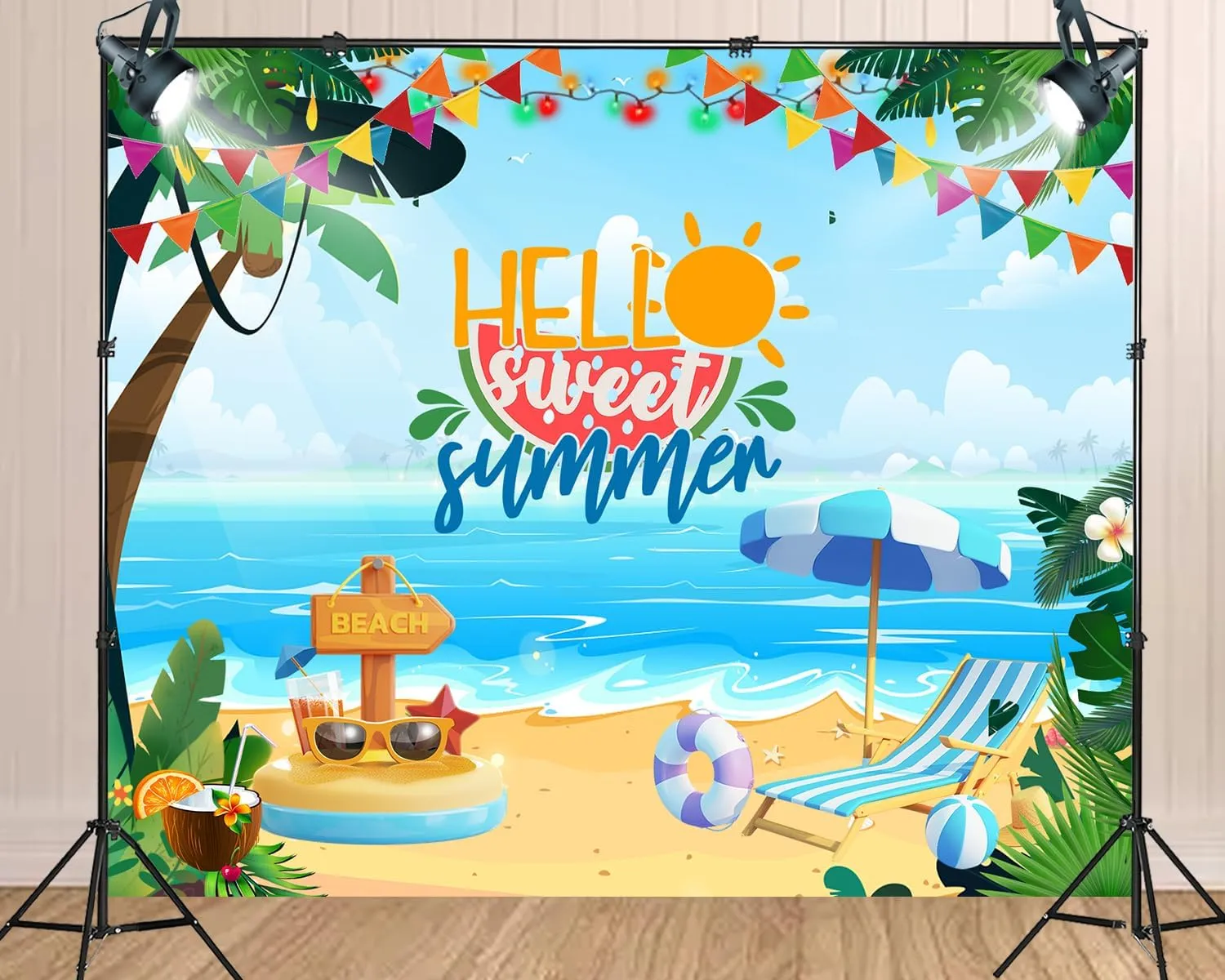 9X6ft Hello Summer Cartoon Beach Backdrop Sea Surf Skateboarding Beach Celebration Party Hawaiian Background for Theme Party Supplies Studio Props