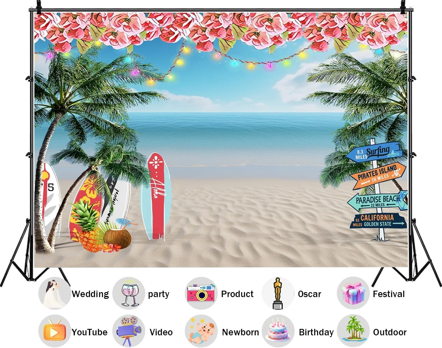 9X6ft Summer Beach Ocean Backdrop Sea Surf Skateboarding Beach Celebration Party Hawaiian Ocean Blue Sky Background for Theme Party Supplies Studio Props