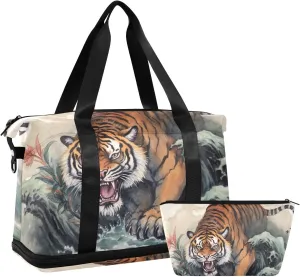 A Tiger Versatile Sports Travel Bag - Lasting Twill Tote, Removable Wheel & Rod Bagging, Multi-pocket Design, Complimentary Makeup Bag