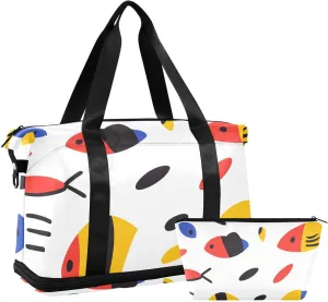 Abstact Cartoon Fish Versatile Sports Travel Bag - Lasting Twill Tote, Removable Wheel & Rod Bagging, Multi-pocket Design, Complimentary Makeup Bag