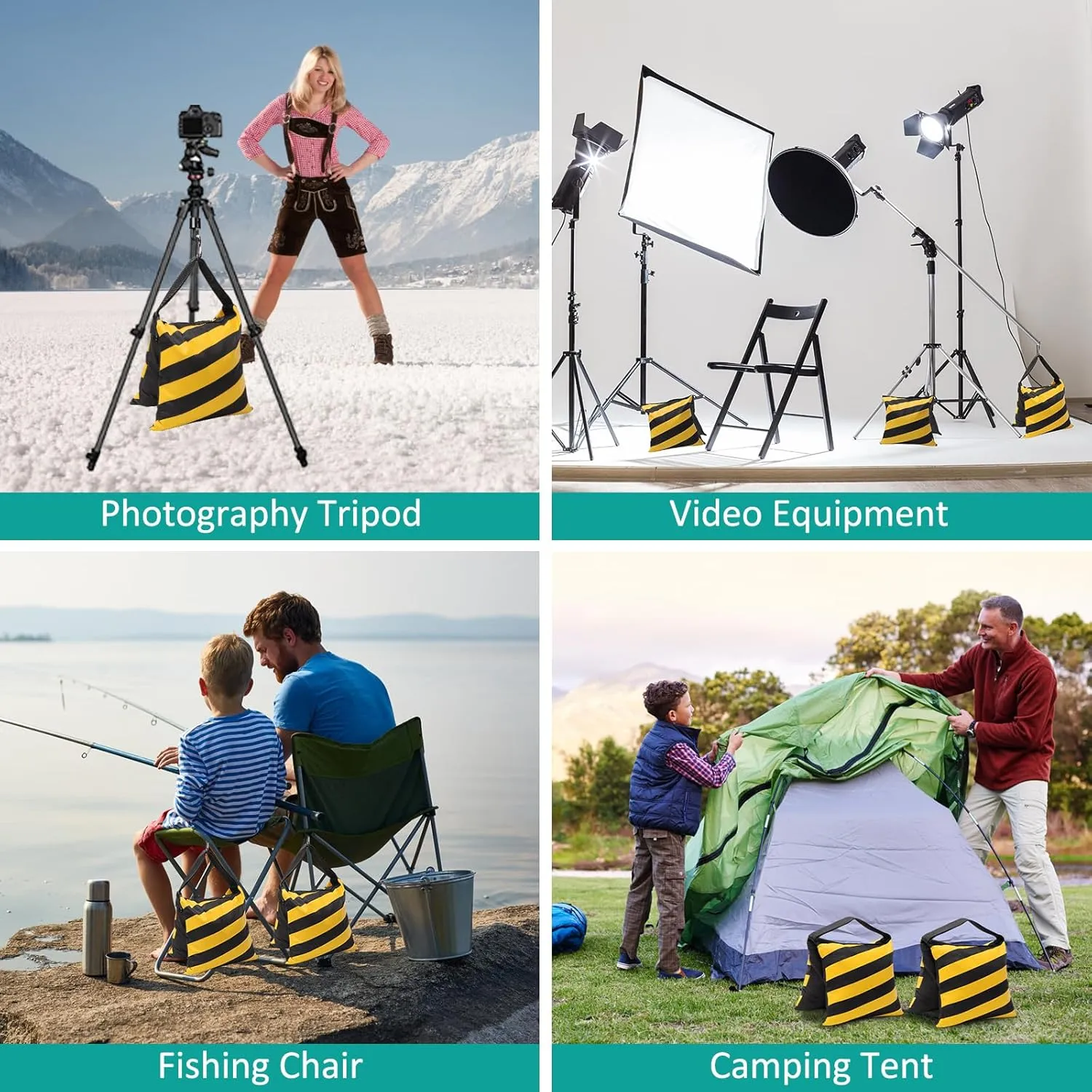 Aimosen 4 Packs Yellow Sandbag Weight Bags for Light Stand Photography Video Equipments, Heavy Duty Saddlebags for Backdrop Stand, Photo Tripod, Pop up Tent, Umbrella Base, Fishing Chair, Picnic Table