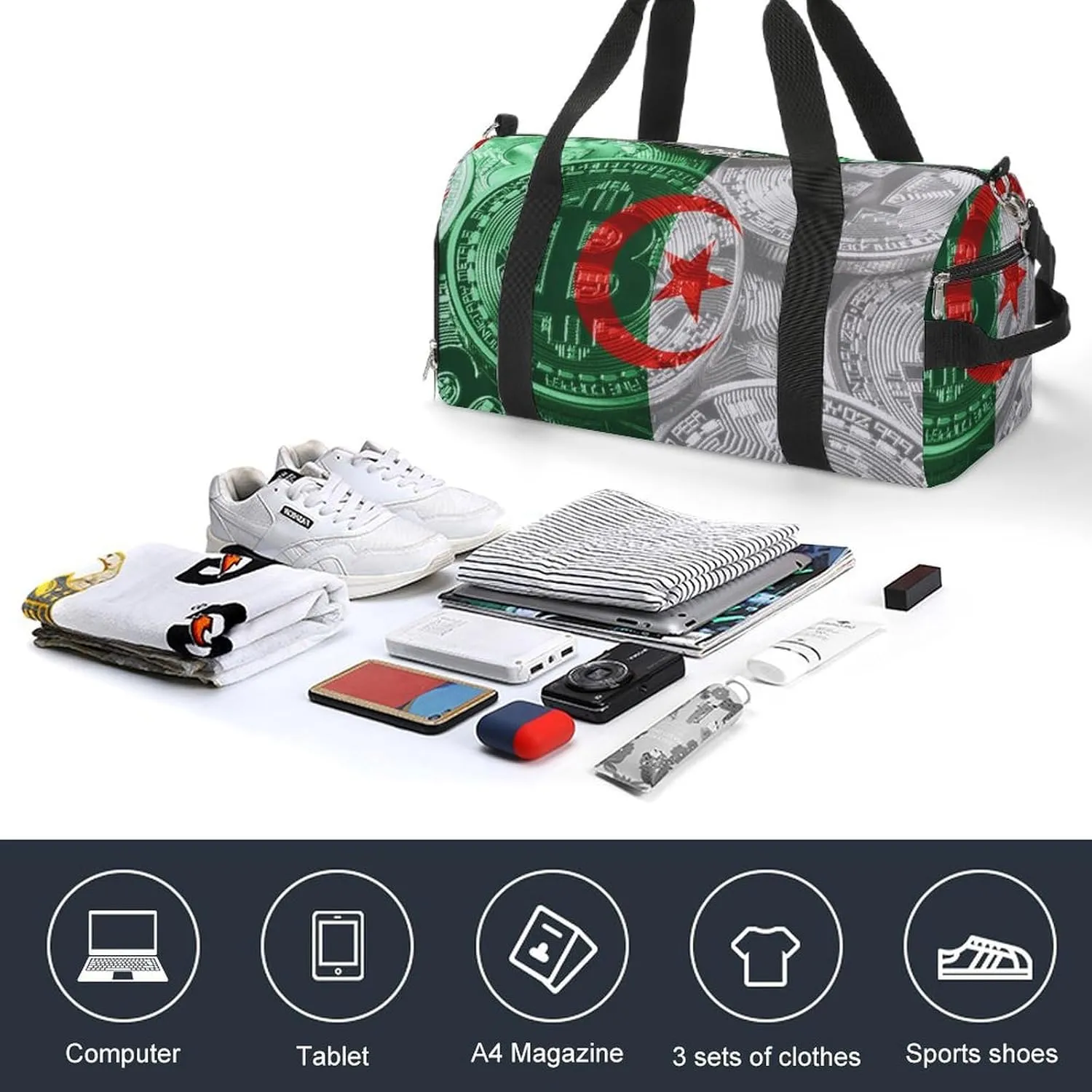 Algeria Flag Bitcoin Gym Duffel Bag Waterproof with Shoe Compartment for Sports