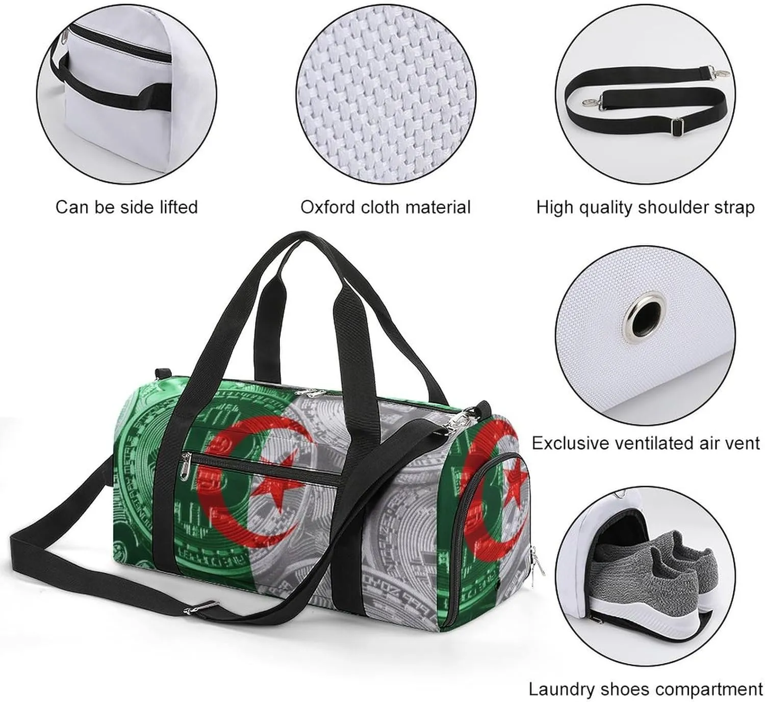 Algeria Flag Bitcoin Gym Duffel Bag Waterproof with Shoe Compartment for Sports