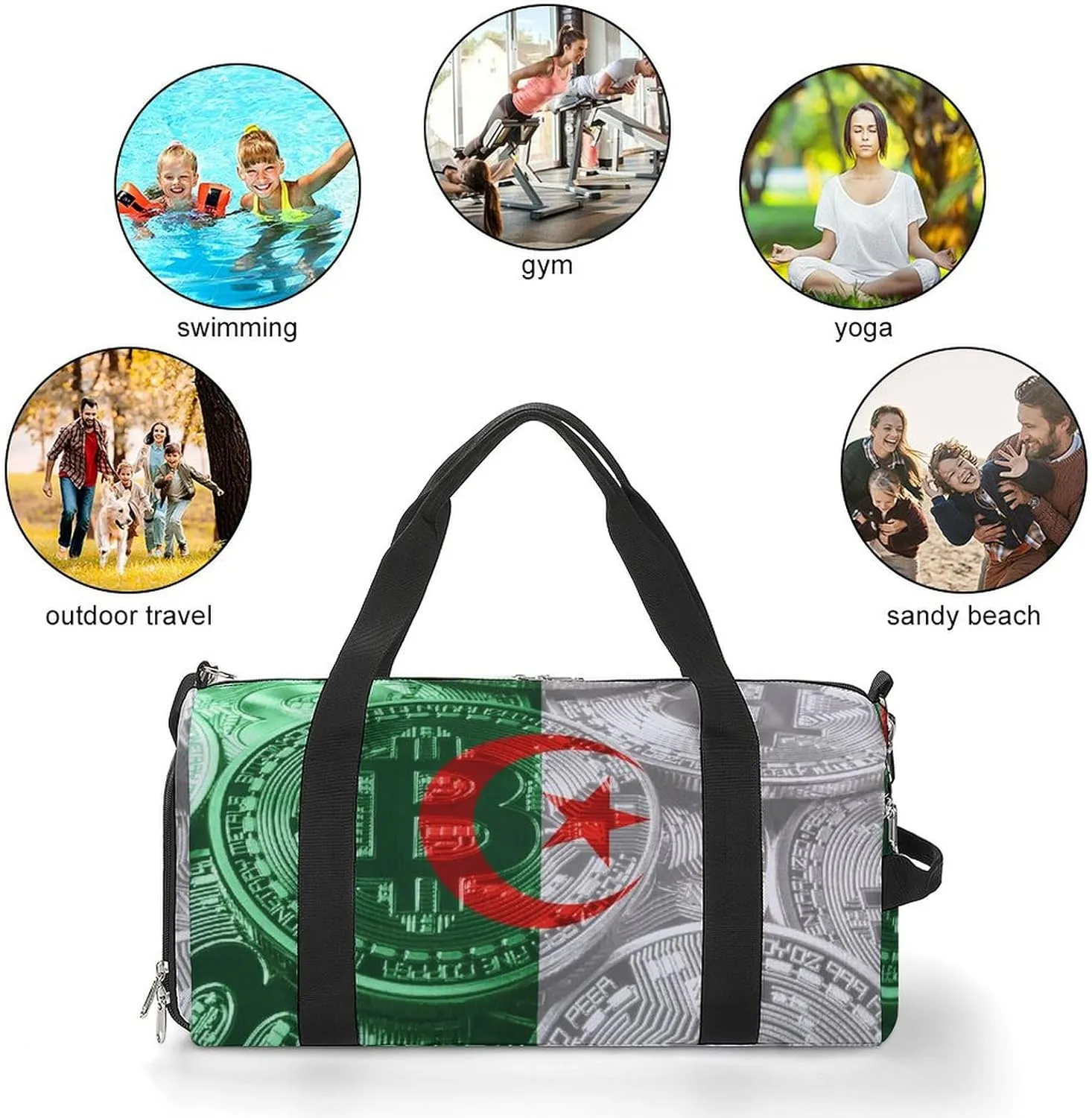 Algeria Flag Bitcoin Gym Duffel Bag Waterproof with Shoe Compartment for Sports