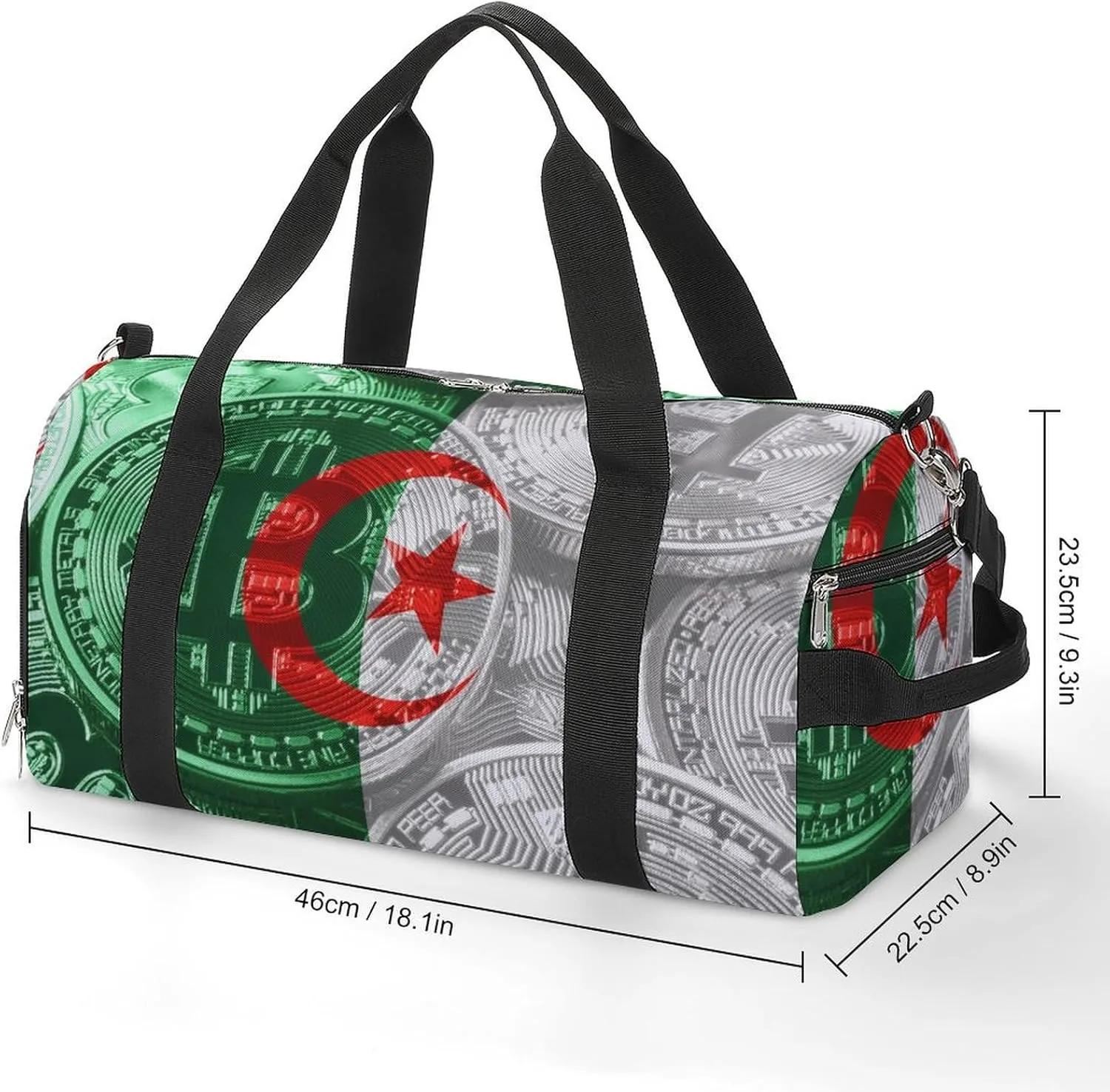 Algeria Flag Bitcoin Gym Duffel Bag Waterproof with Shoe Compartment for Sports