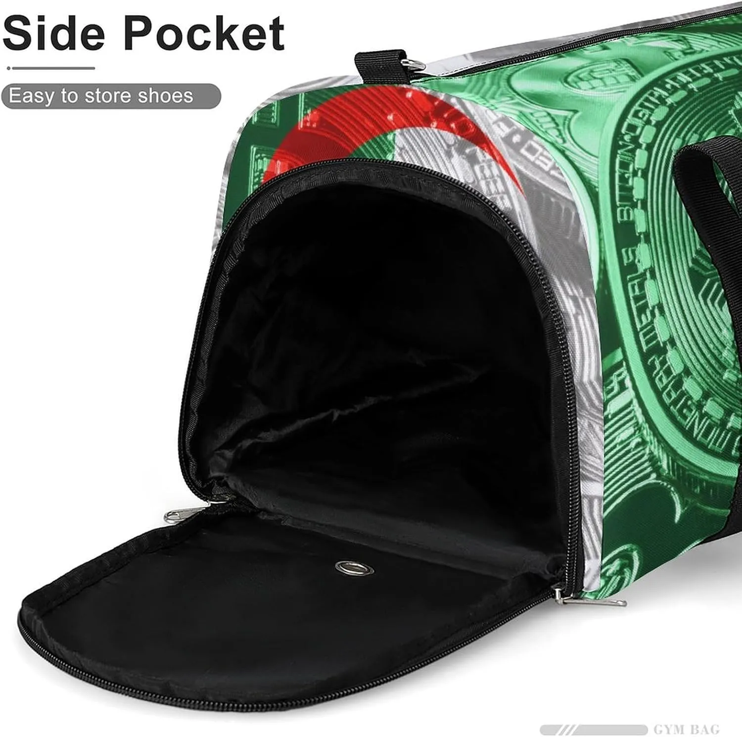 Algeria Flag Bitcoin Gym Duffel Bag Waterproof with Shoe Compartment for Sports